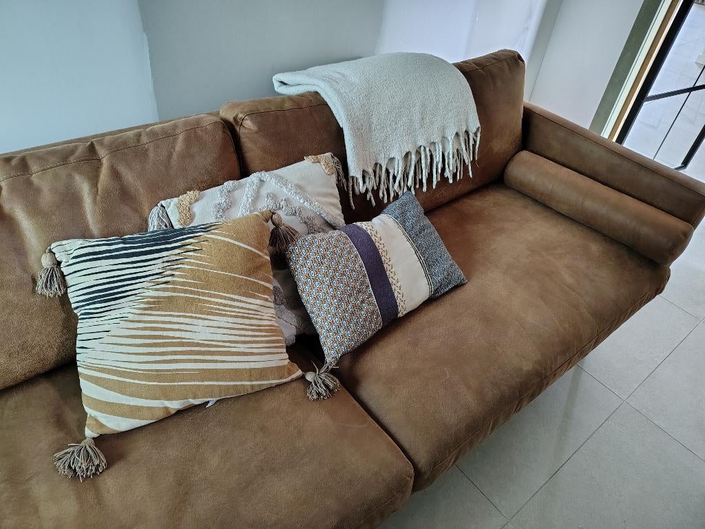 Zetel cognac kalfsleder, set driezit & eenzit, Huis en Inrichting, Zetels | Zetels, Gebruikt, Rechte bank, Vierpersoons of meer