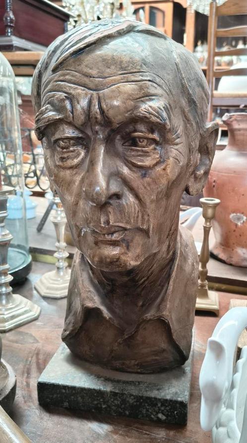 Zwaar Antiek Bronzen Beeld Op Marmeren Voet - Gesigneerd, Antiek en Kunst, Antiek | Brons en Koper, Koper, Ophalen