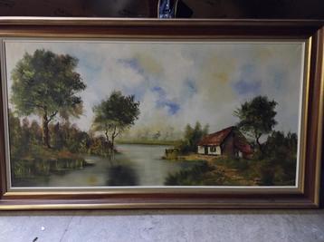 Schilderij landschap met water en huisje beschikbaar voor biedingen