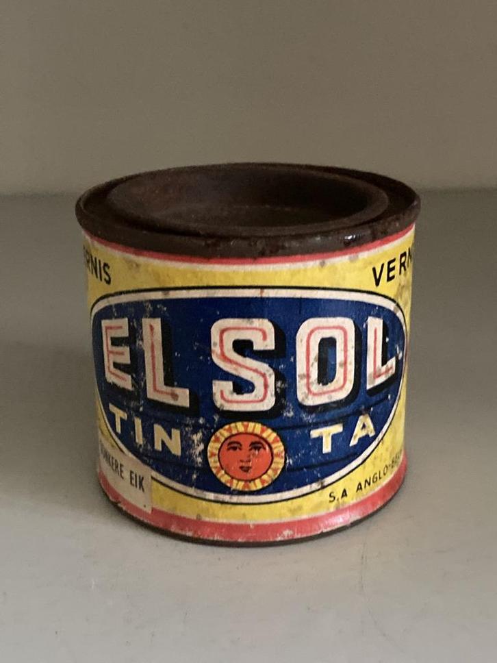 Vintage oud blik vernis El Sol, Verzamelen, Blikken, Gebruikt, Overige, Overige merken, Ophalen of Verzenden