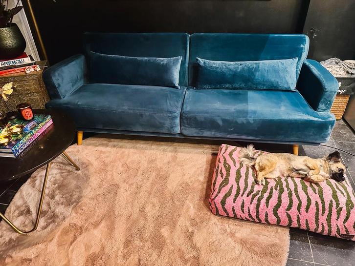 Fluweel Blauw Maisons Du Monde  210bx81hx80d zitdiepte 60, Huis en Inrichting, Zetels | Zetels, Gebruikt, Rechte bank, 200 tot 250 cm