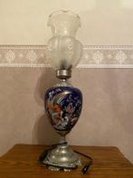 Mooie vintage lamp met glas,en voet in tin, hoogte 60cm, Enlèvement ou Envoi