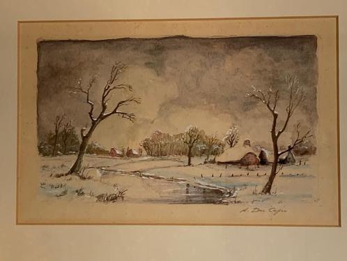 Aquarel winterlandschap A. Ducaju, Antiek en Kunst, Kunst | Schilderijen | Klassiek, Ophalen of Verzenden
