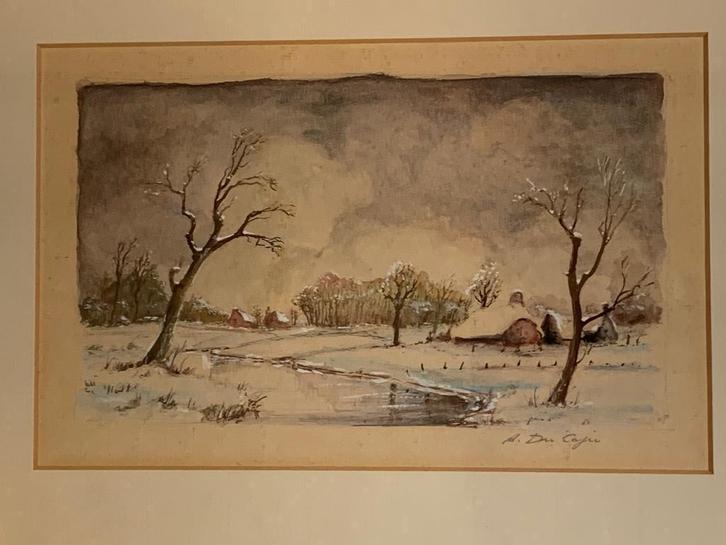 Aquarel winterlandschap A. Ducaju, Antiek en Kunst, Kunst | Schilderijen | Klassiek, Ophalen of Verzenden