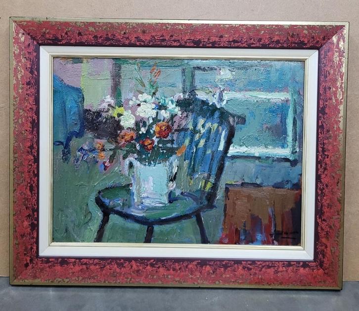 Juul DE CORT, interieur met bloemen, Antiek en Kunst, Kunst | Schilderijen | Klassiek, Ophalen of Verzenden