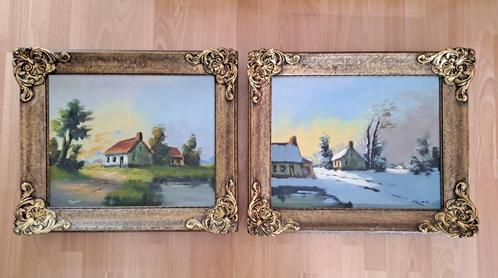 2 schilderijen - winter- en zomerlandschap – M. De Witte, Antiek en Kunst, Kunst | Schilderijen | Klassiek, Ophalen