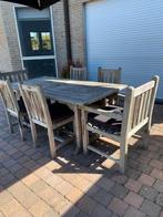 Tuinset in teak, tafel met 6 stoelen en kussens., Ophalen, Gebruikt, 6 zitplaatsen, Teakhout