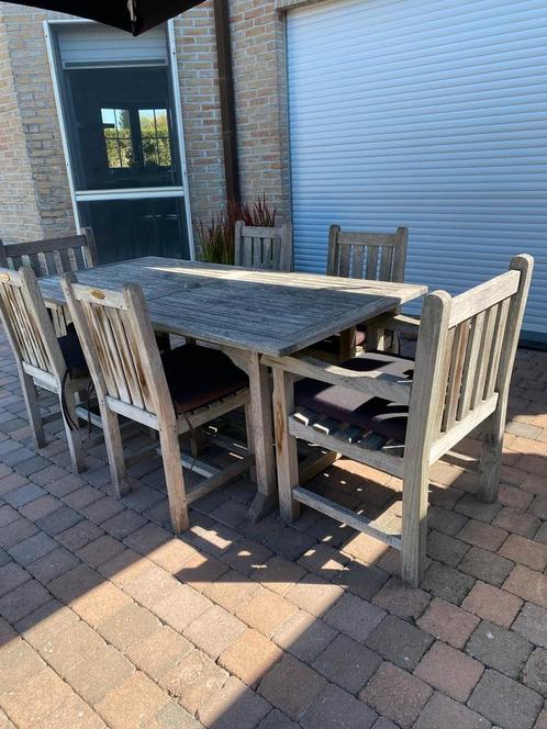 Tuinset in teak, tafel met 6 stoelen en kussens., Tuin en Terras, Tuinsets en Loungesets, Gebruikt, Tuinset, Teakhout, 6 zitplaatsen