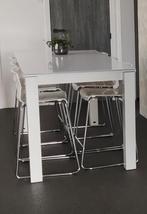 Tafel met 6 stoelen - wit metalen poten met blad in wit glas, Huis en Inrichting, Tafels | Eettafels, Modern, Rechthoekig, Glas