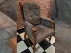 Fauteuil van eikenhout en fluweel met plantaardig patroon, Ophalen, Hout, 75 tot 100 cm, 50 tot 75 cm