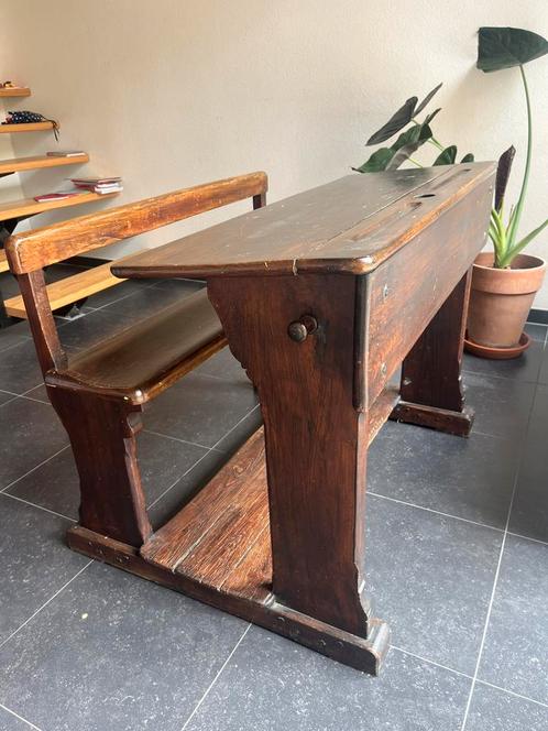 Vintage volhouten schoolbank, Huis en Inrichting, Bureaus, Gebruikt, Bureau, Ophalen