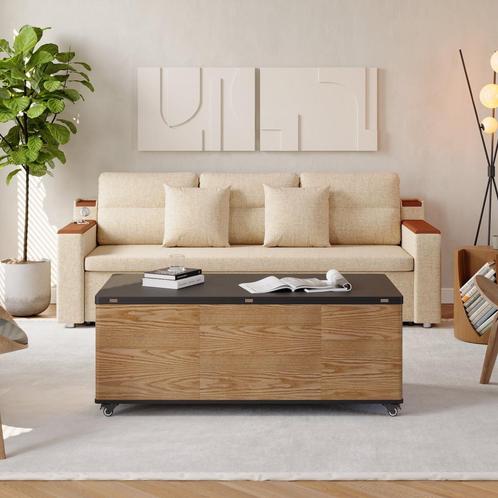 Table basse pliable en noyer avec tiroirs et armoires - NEUF, Huis en Inrichting, Tafels | Salontafels, Nieuw, 50 tot 75 cm, 50 tot 100 cm