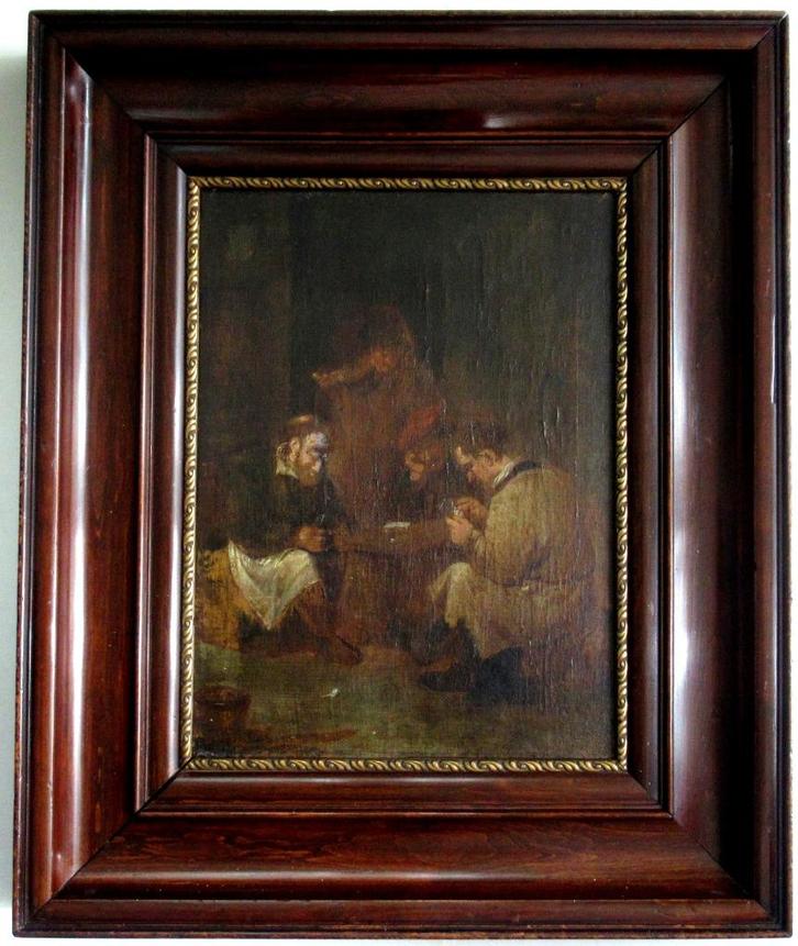 Antiek schilderij The Card Players olieverf linnen op paneel, Antiek en Kunst, Kunst | Schilderijen | Klassiek, Ophalen of Verzenden