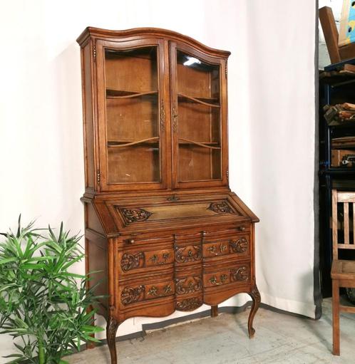 Antieke Louis XV secretaire met bovenstuk in eik B 98 H 190, Huis en Inrichting, Kasten | Secretaires, Gebruikt, Ophalen