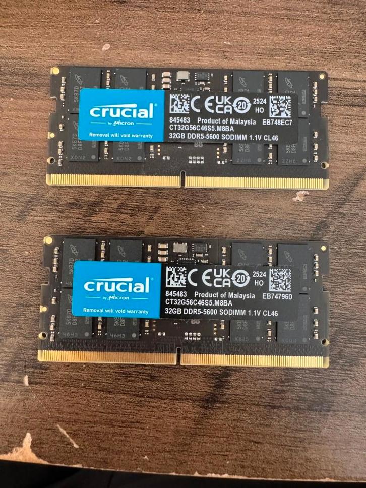 Crucial DDR5 SODIMM 2x32GB (64GB) 5600Mhz, Computers en Software, RAM geheugen, Zo goed als nieuw, Server, 64 GB, DDR5, Ophalen