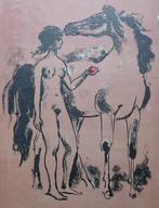 ONLEESBAAR / NAAKT MET PAARD / KLEURLITHO / 53x40cm / SIG, Antiek en Kunst, Kunst | Litho's en Zeefdrukken, Ophalen of Verzenden