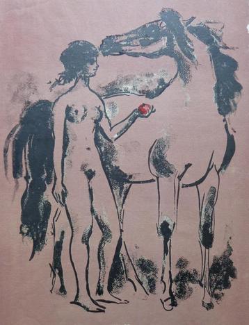 ONLEESBAAR / NAAKT MET PAARD / KLEURLITHO / 53x40cm / SIG beschikbaar voor biedingen