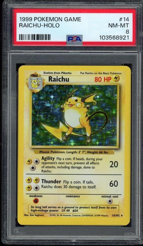 Raichu Holo PSA 8 - 14/102 - Base Set 1999, Hobby en Vrije tijd, Verzamelkaartspellen | Pokémon, Zo goed als nieuw, Losse kaart