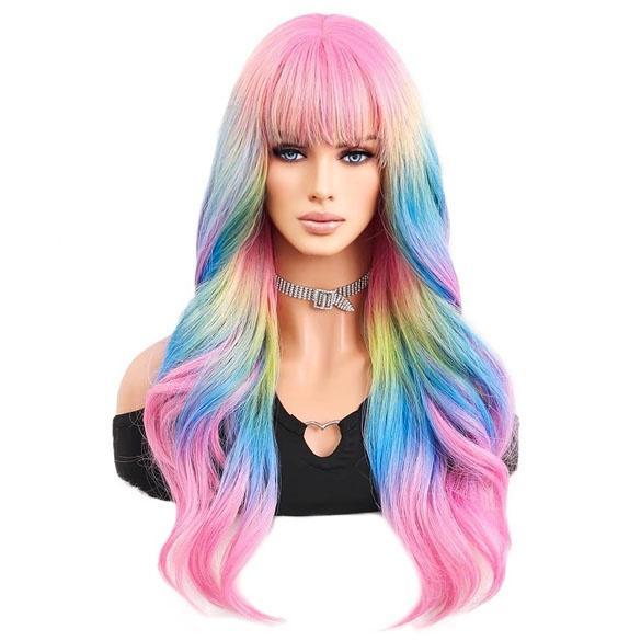 Carnaval sorbet kleuren pruik lang haar met slagen met pony, Handtassen en Accessoires, Uiterlijk | Haarverzorging, Nieuw, Verzenden