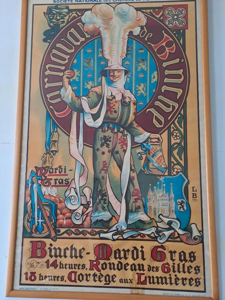 Affiche ancienne de L.B 1910 - Carnaval De Binche, Verzamelen, Posters, Ophalen