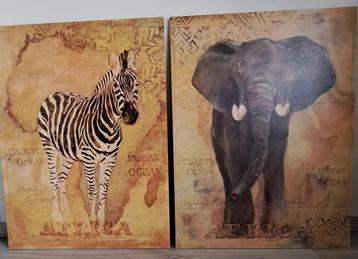 Twee schilderijen “Afrikaanse dieren” – olifant & zebra beschikbaar voor biedingen