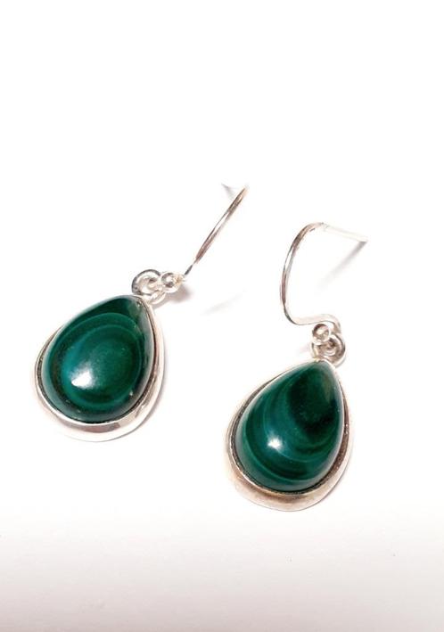 zilveren hang oorbellen met ovale malachiet, Handtassen en Accessoires, Oorbellen, Nieuw, Hangers, Zilver, Zilver, Met edelsteen