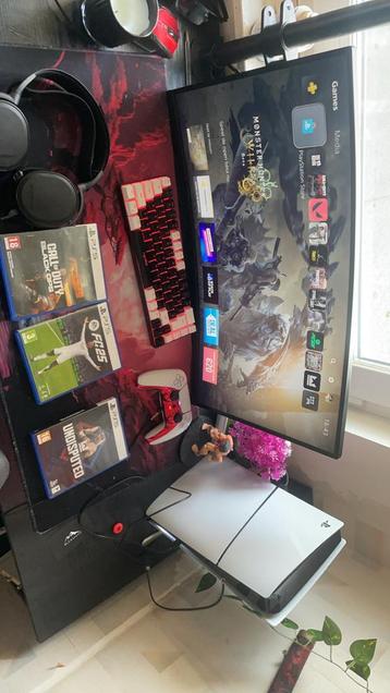 PS5 slim 1TB disk met keyboard games headset en MSI scherm., Enlèvement