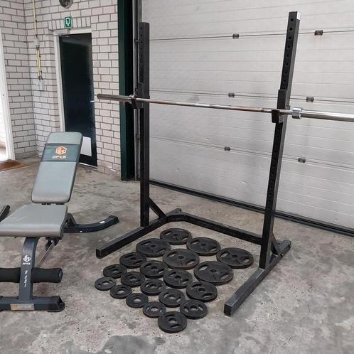 Squat rack met Verstelbare Bankje + Olympische Gewichten set, Sport en Fitness, Fitnessmaterialen, Zo goed als nieuw, Ophalen