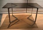 Glazen tafel met chrome poten, Ophalen, Gebruikt, 100 tot 150 cm, 50 tot 100 cm