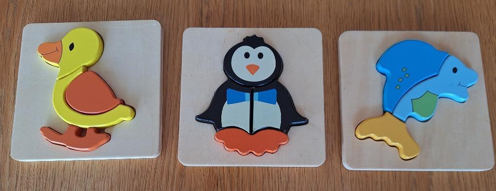 Samen = 3 houten puzzel : Eendje - Pinguin - Dolfijn, Ophalen, Zo goed als nieuw
