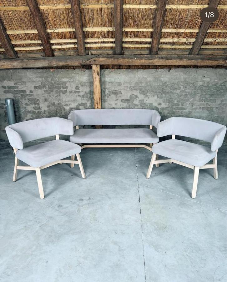 Billiani Croissant design fauteuils en sofa, Huis en Inrichting, Fauteuils, Zo goed als nieuw, Hout, Stof, 125 cm of meer, Minder dan 75 cm