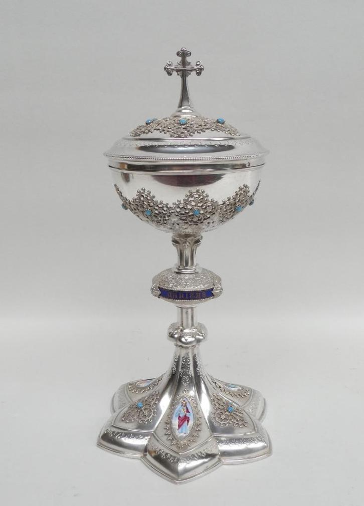 Prachtige zilveren ciborie met émail medaillons, Antiek en Kunst, Antiek | Religieuze voorwerpen, Ophalen