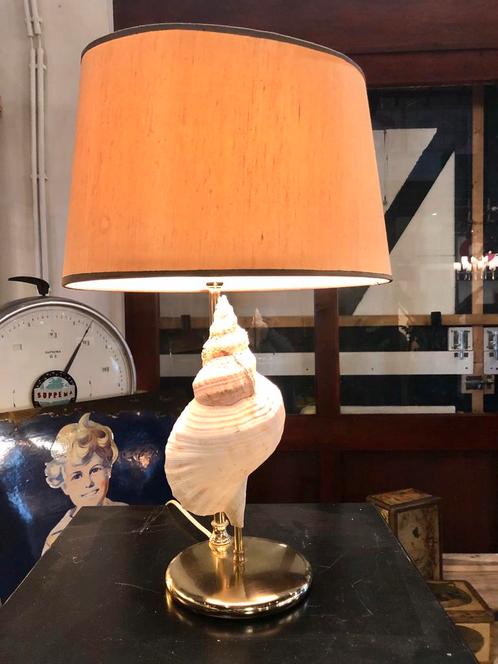 Vintage koperen tafellamp met echte zeeschelp, Antiek en Kunst, Antiek | Verlichting, Ophalen of Verzenden