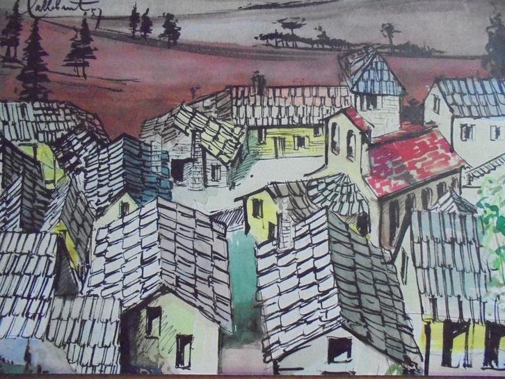 Nicole Callebaut  1  Dorpsgezicht Aquarel, Antiek en Kunst, Kunst | Schilderijen | Klassiek, Verzenden