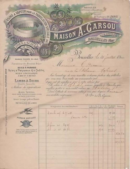 1900 : Facture de # Maison A. GARSOU, rue de Norvège, 3, BXL, Collections, Collections Autre, Utilisé, Enlèvement ou Envoi