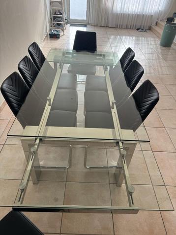 Glazen eettafel uitschuifbaar + stoelen nieuw, Huis en Inrichting, Tafels | Eettafels, Ophalen, 100 tot 150 cm, Glas, Vijf personen of meer