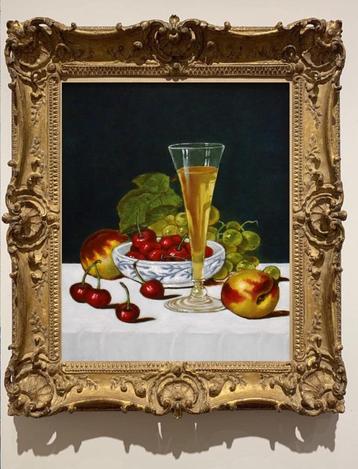 "Stilleven met kersen, perziken, druiven en een glas witte w beschikbaar voor biedingen