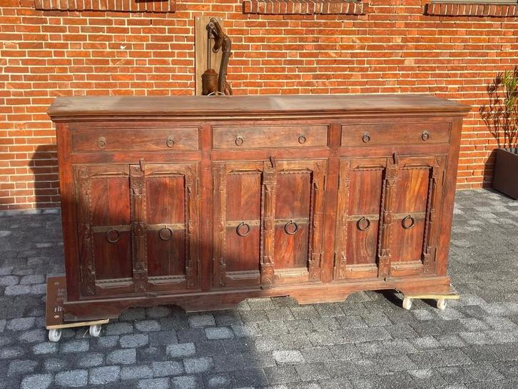 Teak houten koloniale Dressoir, Huis en Inrichting, Kasten | Dressoirs, Gebruikt, 200 cm of meer, 50 tot 75 cm, Met lade(s), Met deur(en)