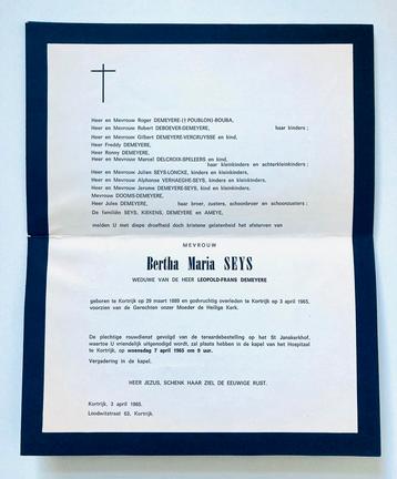 rouwbrief en bidprentje Bertha Seys Kortrijk 1889 - 1965, Verzamelen, Ophalen of Verzenden, Bidprentje