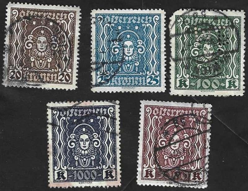 5 Postzegels Oostenrijk 1922 Vrouwenvoorstelling, Timbres & Monnaies, Timbres | Europe | Autriche, Enlèvement ou Envoi, Affranchi