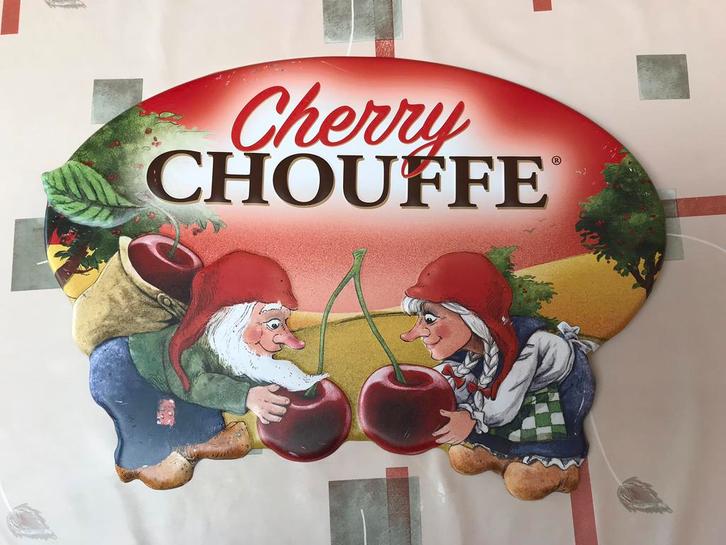 Panneau d'affichage en métal Cherry Chouffe, Collections, Marques de bière, Utilisé, Panneau, Plaque ou Plaquette publicitaire