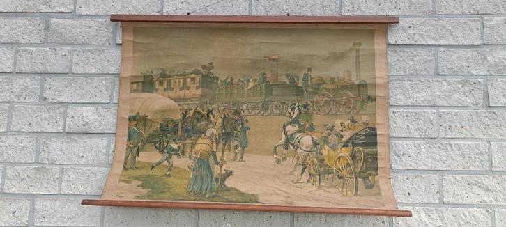 oude schoolkaarten 'Eerste trein' en 'Jaarmarkt haven', Antiek en Kunst, Antiek | Schoolplaten, Ophalen