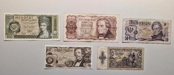 Oostenrijkse schilling bankbiljetten  – 500/100/50/20/10 ATS, Postzegels en Munten, Bankbiljetten | Europa | Eurobiljetten, Setje