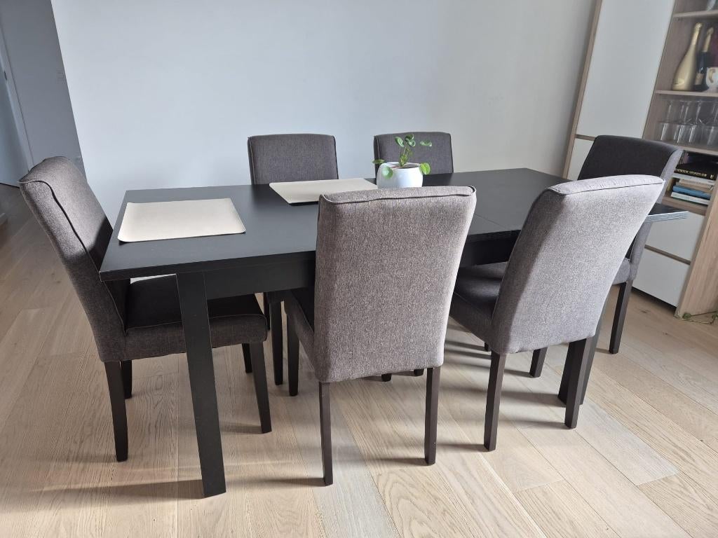 Eettafel Ikea - Zwart -  H74cm B84cm L140/180/220cm, Ophalen, Gebruikt, In lengte verstelbare Ikea Eettafel, 50 tot 100 cm