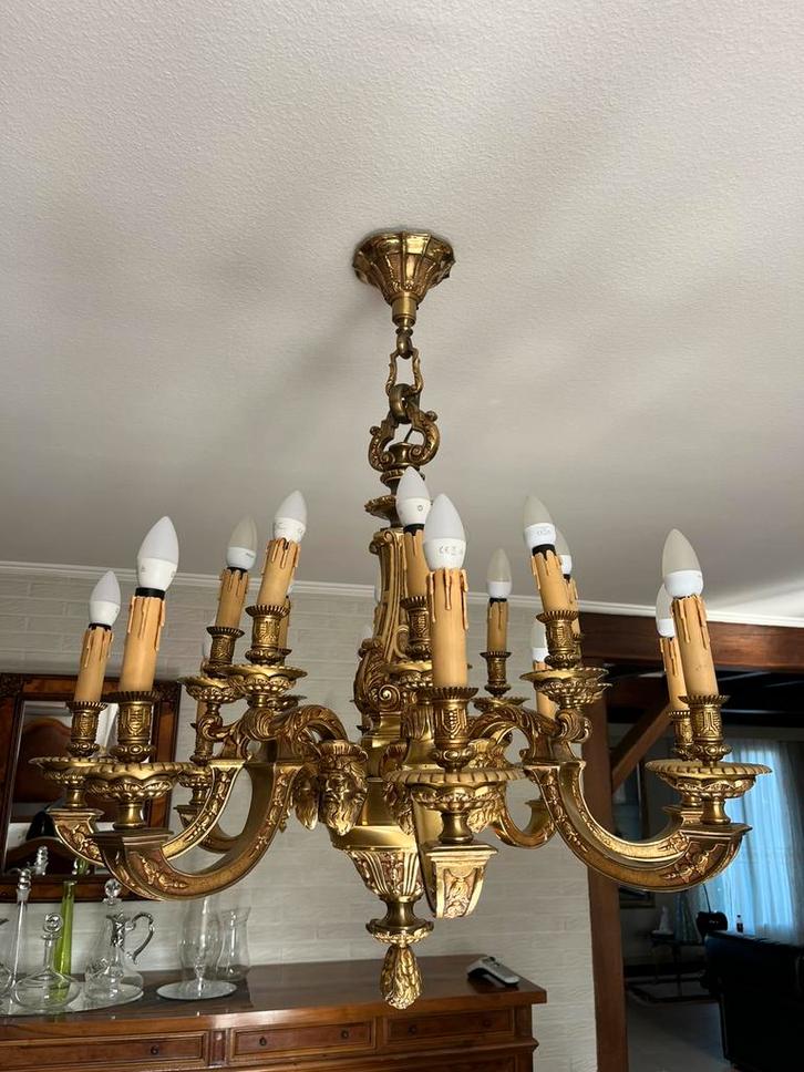 Klassieke bronzen kroonluchter – 16 lichtpunten, Huis en Inrichting, Lampen | Kroonluchters, Gebruikt, Ophalen