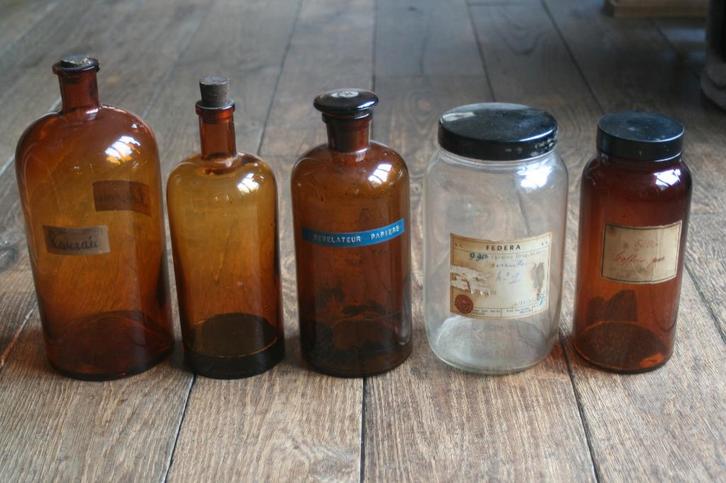 5 x bouteilles/pots de pharmacie en verre (+-1920), Antiquités & Art, Curiosités & Brocante, Enlèvement