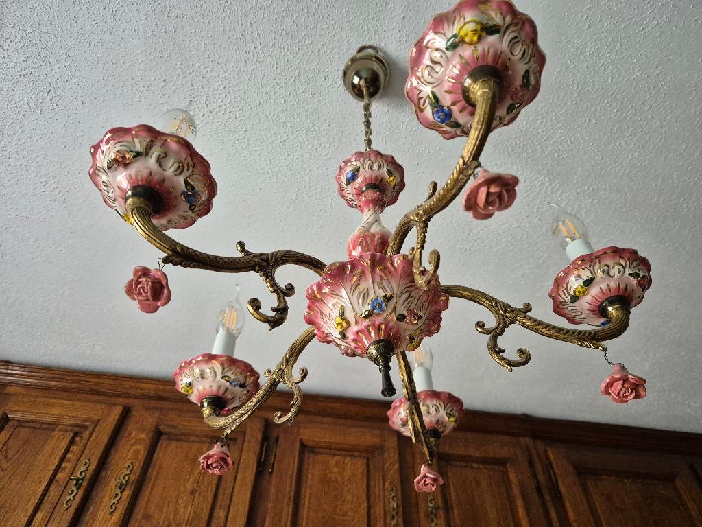 Prachtige vintage porseleinen hanglamp, Ophalen, Gebruikt, 50 tot 75 cm