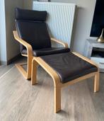 Fauteuil Poäng in bruin leer met voetsteun, Huis en Inrichting, Fauteuils, Ophalen, Zo goed als nieuw, Hout