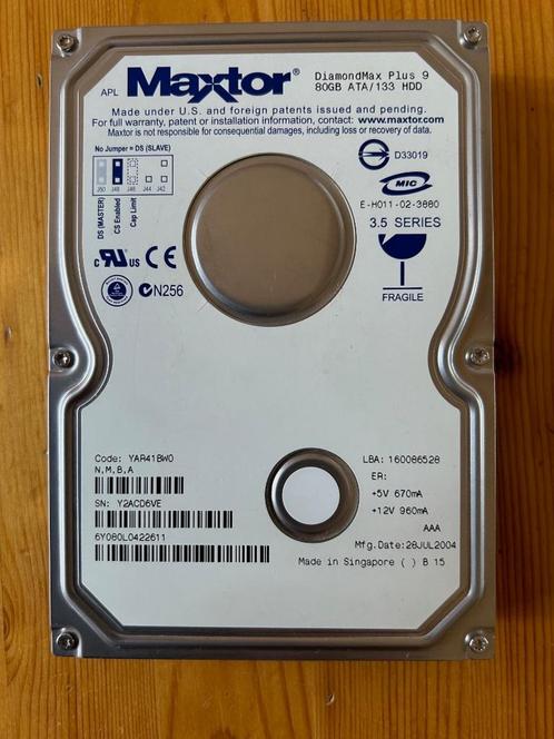 Disque dur Maxtor DiamondMax Plus 9 80GB IDE (Vintage), Computers en Software, Harde schijven, Gebruikt, Desktop, Intern, HDD
