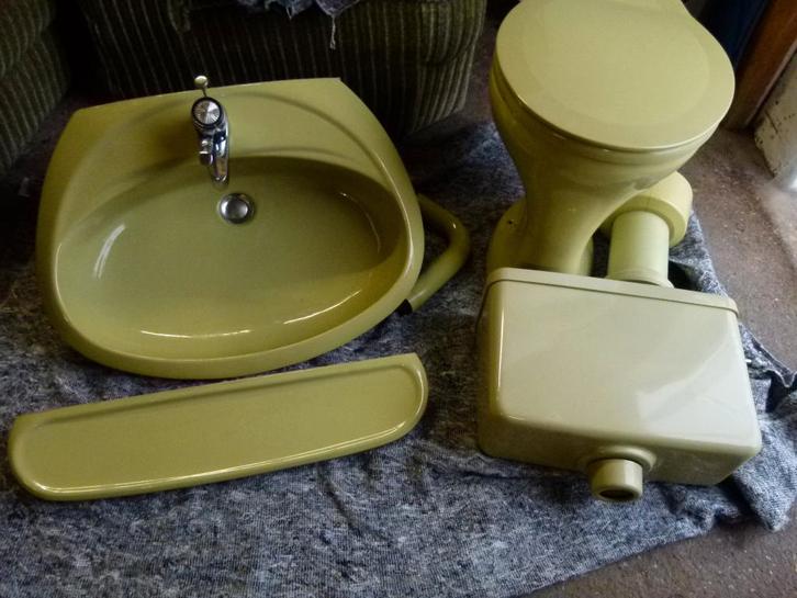 vintage wastafel lavabo + wc + aflegbord 70er moosgrun, Collections, Rétro, Maison et Meubles, Enlèvement